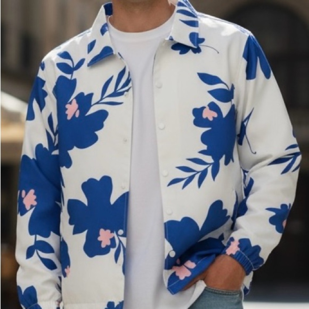 RSQ Floral Snap Front Jacket Blue White Lightweight Coach Jacket Medium